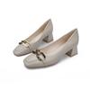 Korean Version of Metal Chain Buckle Temperament Single Shoes Women's Square Head Thick Heel Soft Leather Grandma Shoes Fashion Middle Heel Commuter