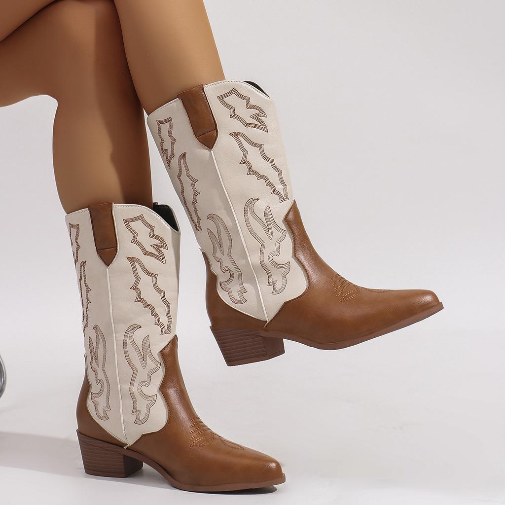 Fashion 2024 Winter Mid-calf Boots New Fashion Retro Women's Pointed Toe Embroidered Cowgirl Booties Shoes