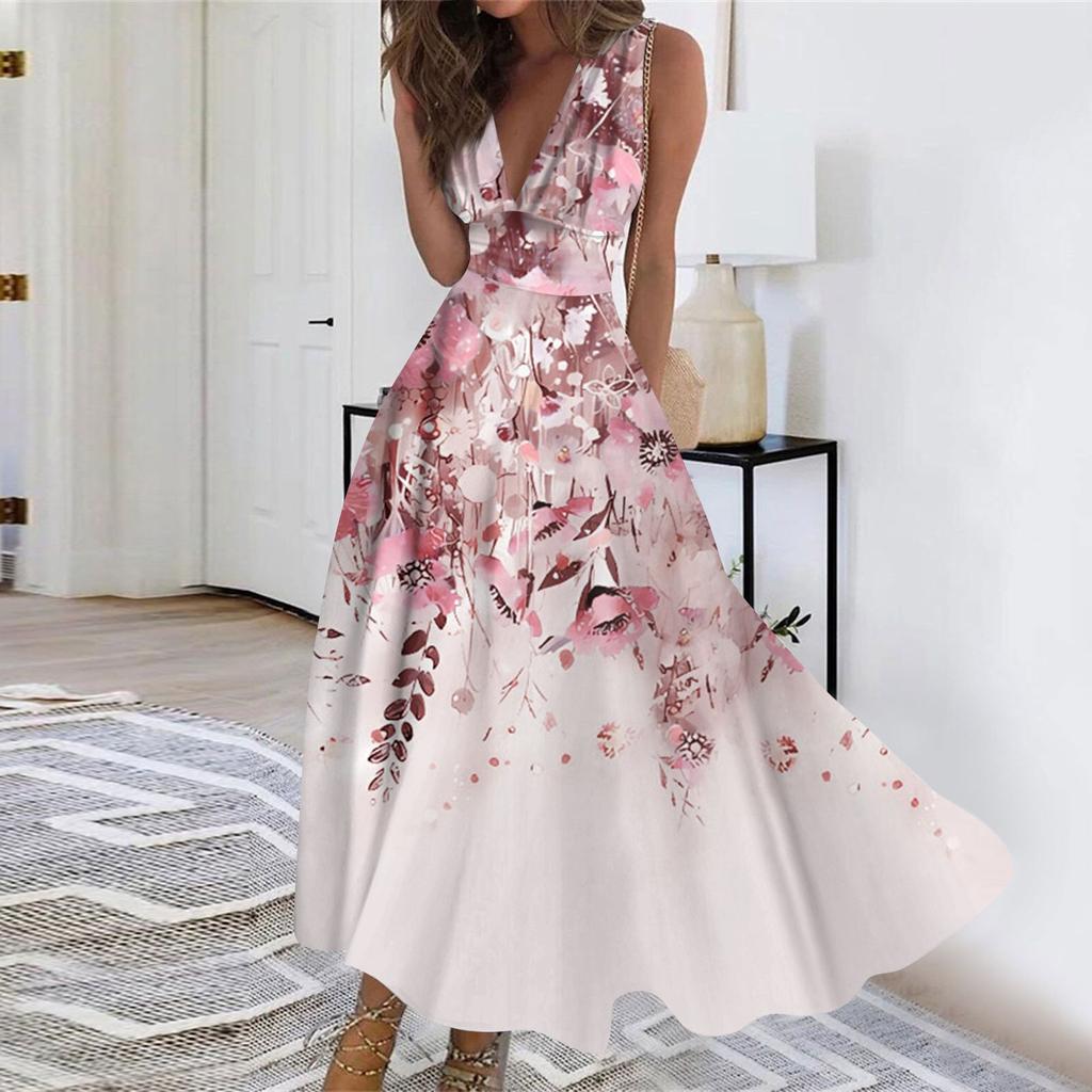Женское длинное платье Платье макси Повседневное платье Летнее повседневное платье без рукавов с v-образным вырезом в стиле бохо с талией в стиле ретро с принтом