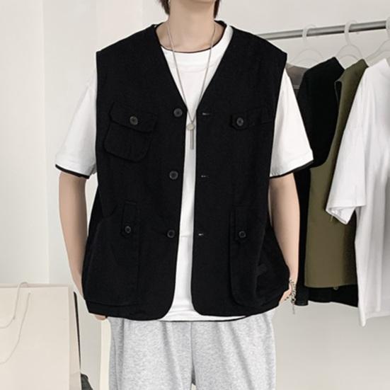 Мужской повседневный жилет без воротника, без рукавов, на пуговицах, жилет, однотонное пальто с несколькими карманами, тонкий стильный уличный жилет-карго