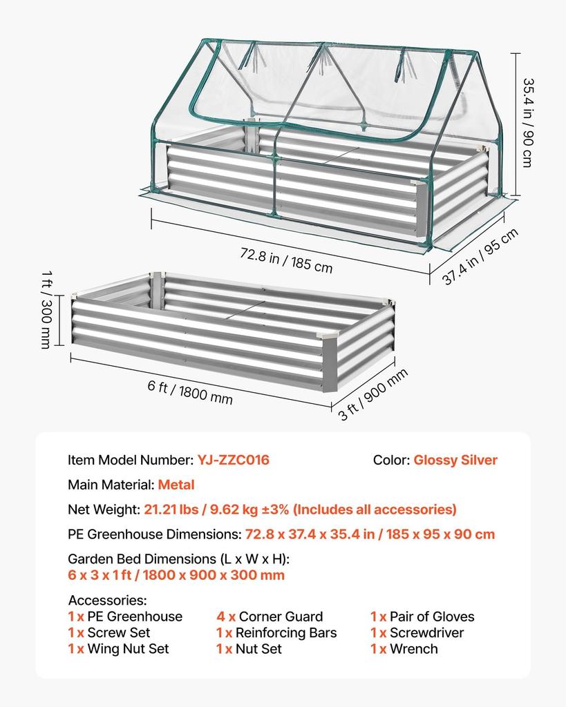 Raised Garden Bed with Cover, 1800 x 900 x 300 mm, Rectangular Galvanized Metal Planter Box Outdoor, with PE Greenhouse Cover & Gloves, Rustproof