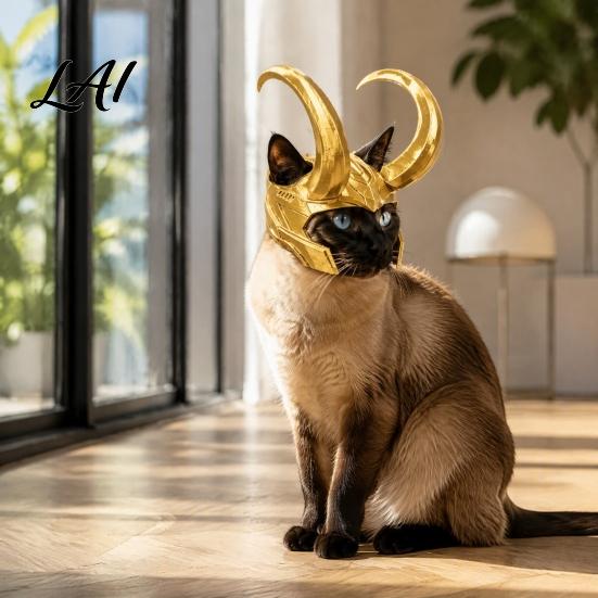 Funny Cat Helmet Horn Crown Helmet Golden Headpiece with Ear Holes Pet Costume Accessories Cosplay for Halloween Theme Parties Photo Props Hat Cats