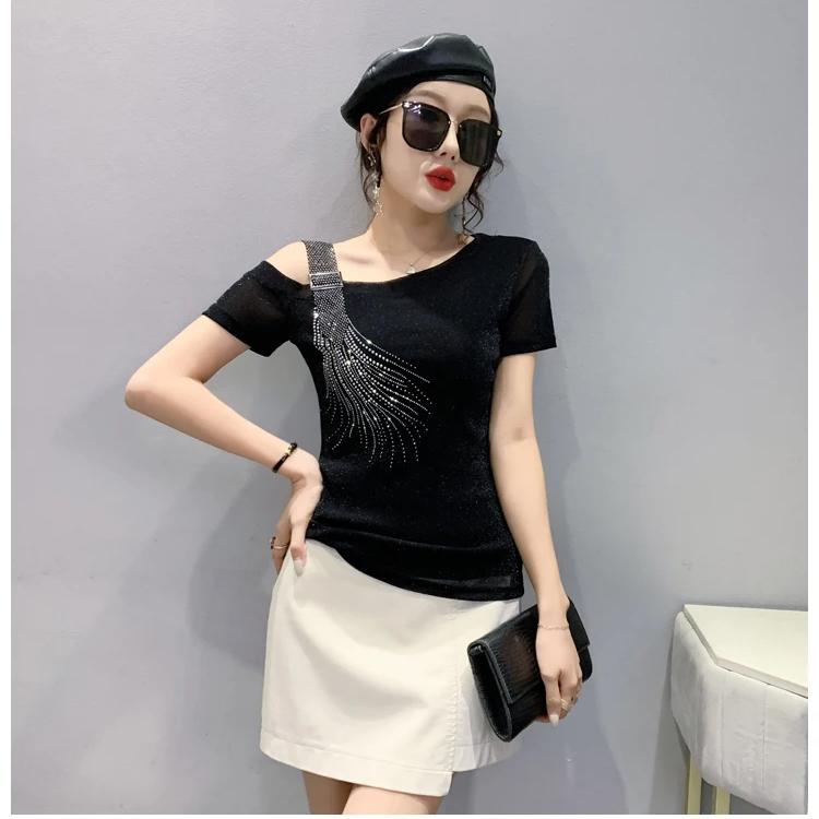 Летняя мода Европейская женская одежда Футболка Сексуальная с открытыми плечами Блестящие бриллианты Сетка Женские топы На все случаи жизни Футболки Блузка