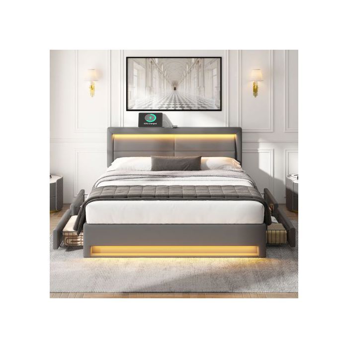 Lit rembourré - MUVOE - 140x190 cm - USB - Éclairage LED