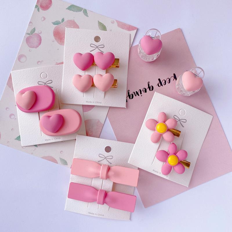 summer new hairpin pink flower peach heart edge clip bow hair clip cute duckbill clip small grab clip