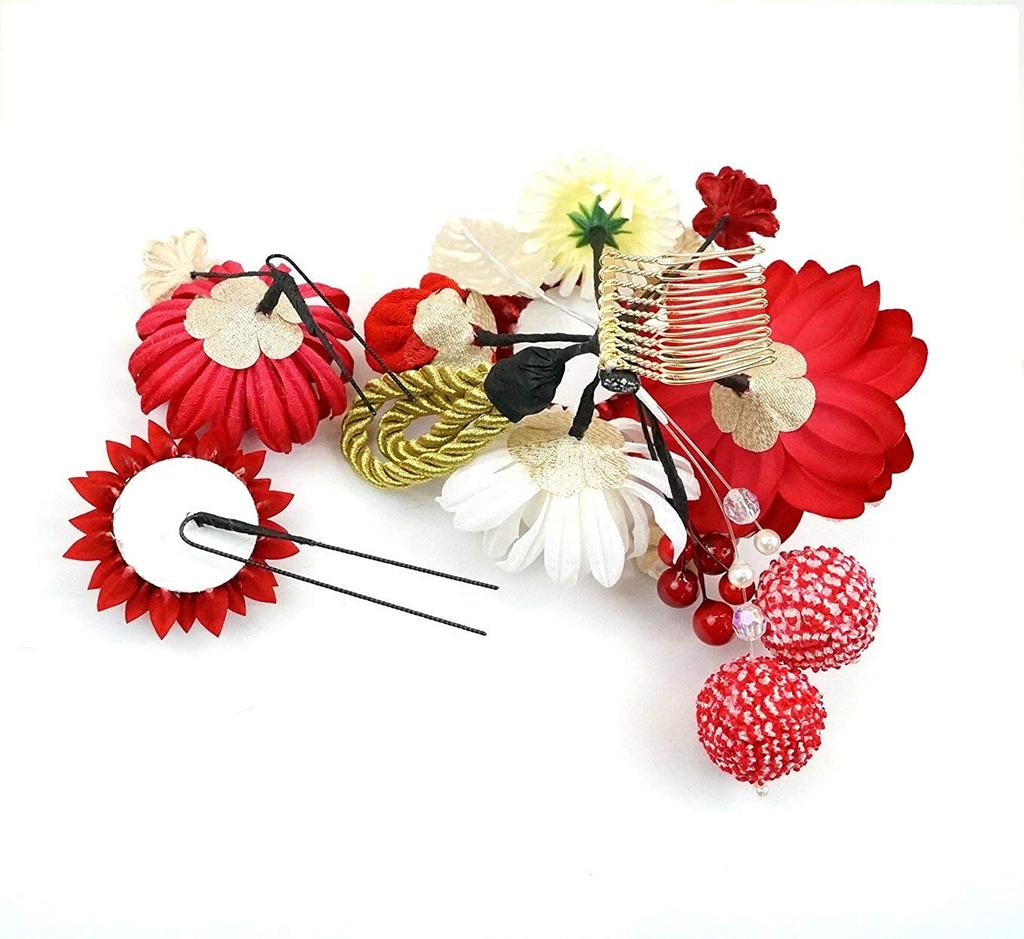 Hair Ornament 3 Piece Set Red Red Hair Ornament 2 Piece Set Pink White Flower Hairpin Tsumami Craft Comb Shape Furisode Coming of Age Ceremony