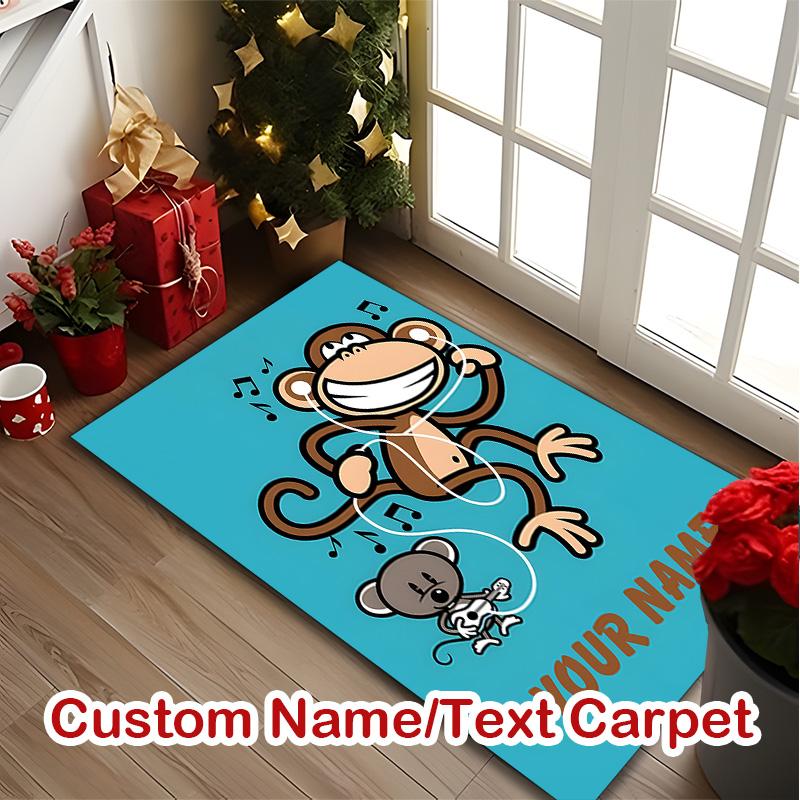Monkey Headphones Cartoon Carpet, Non-slip Office Chair Rug, Digital Print Home Area Rug, Unique Festival Decorations