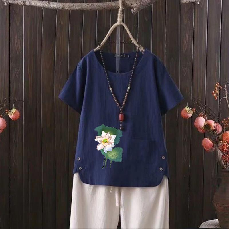 New Lotus Print V-neck Cotton Hemp T-shirt for Women - 2025 Summer European & American Style