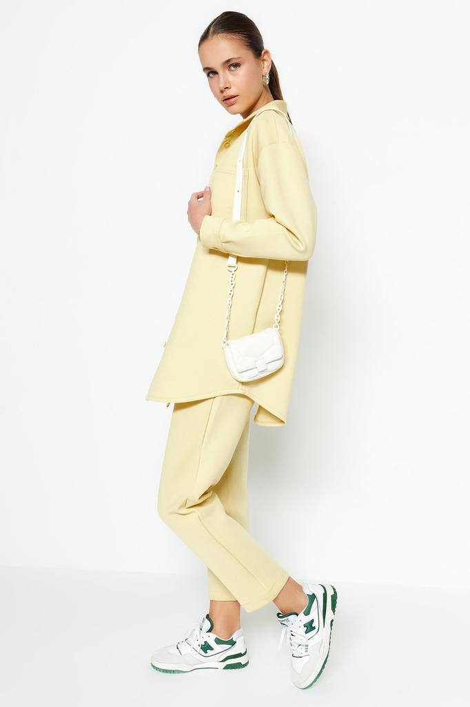 Women's Fashion New Hijab Bottom-Top Set Yellow Pocket Detailed Shirt-Pants Knitted Suit