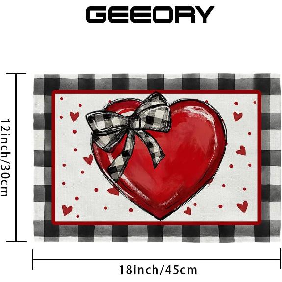 GEEORY Valentine's Day Placemats 12x18 Inch, Hearts Ribbon Bow Polka Dots Farmhouse Holiday Kitchen Dining Table Decoration for Indoor Outdoor Dinner