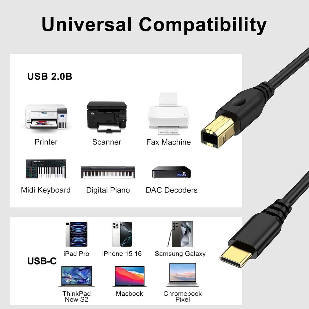 10FT Printer Cable,USB B to USB C Scanner Cable Printer Cord Long USB B to C printer cable for MacBook Pro Air, MIDI CABLE for Digital Piano