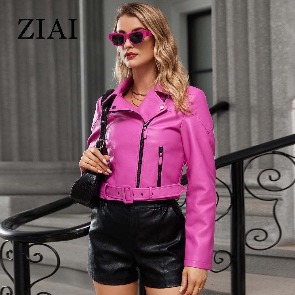 ziai Короткая куртка из искусственной кожи для женщин с косой молнией и лацканами, свободный водонепроницаемый плащ, модное уличное пальто из искусственной кожи ZP-23812