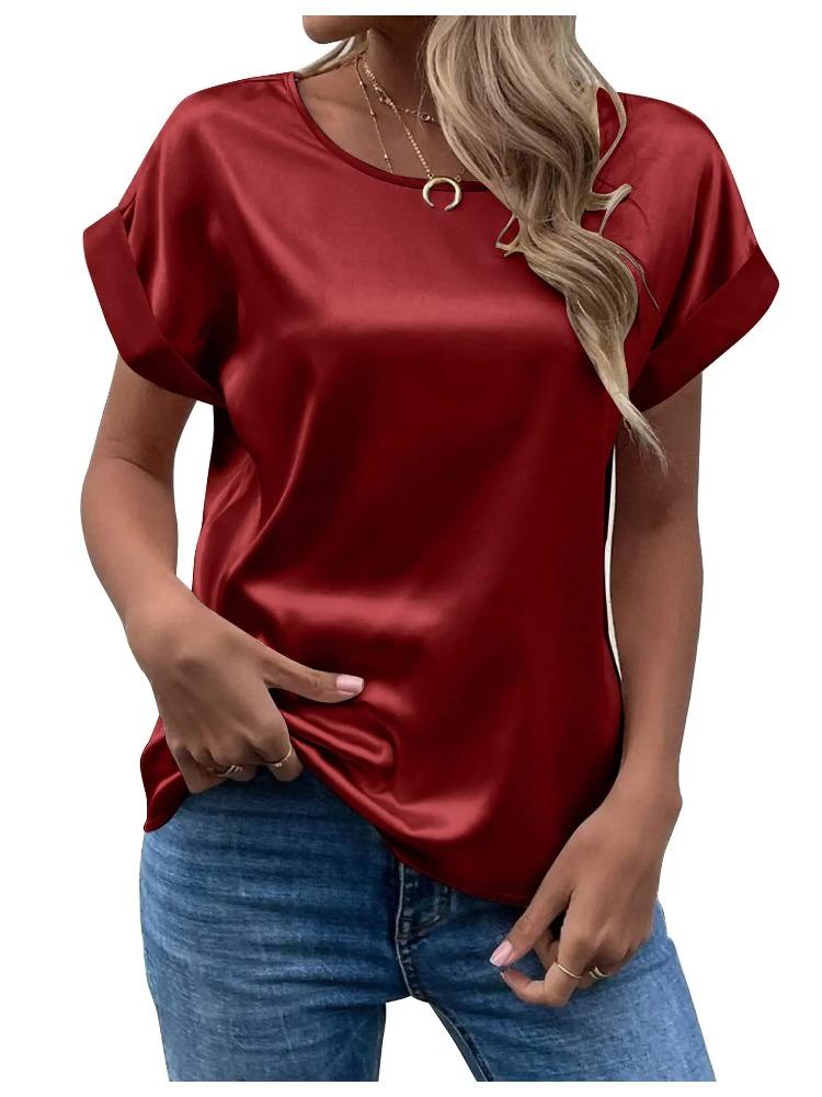 Spring and Summer New Women's Short Sleeve Satin Shirt Loose Casual Round Neck Colored Ding T-shirt Women
