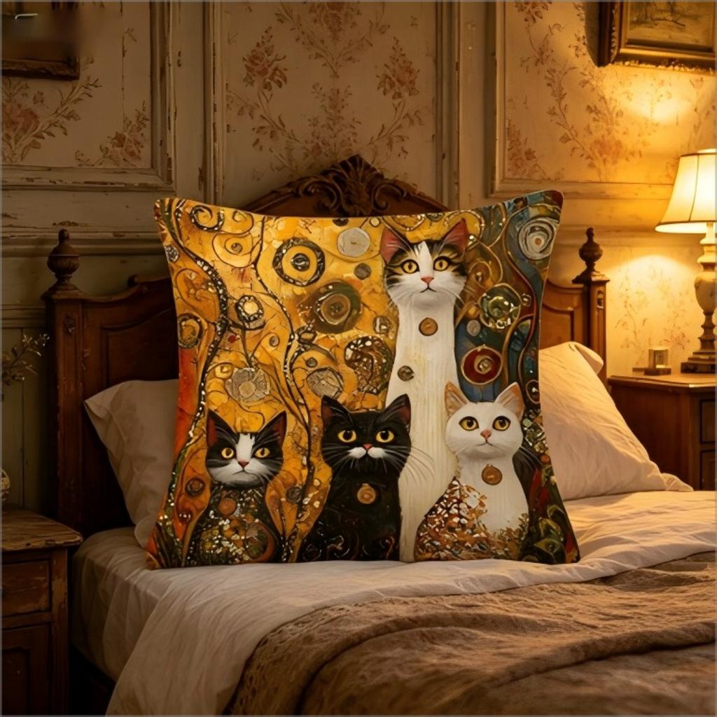 Klimt Inspired Cats Print Throw Pillow Cover, Golden Art Nouveau Cat Decorative Cushion