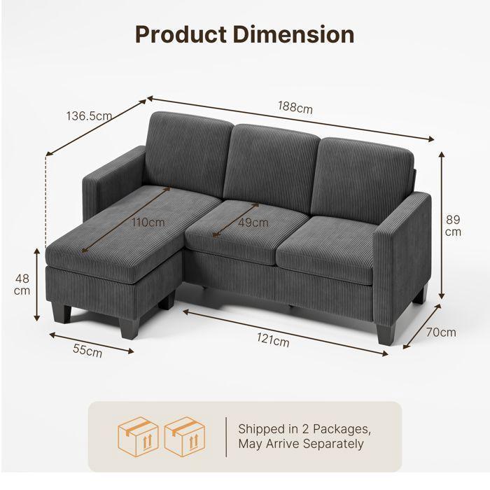 Reversible corner sofa - Bealife - Modular L-shaped sofa - 3 places - Pouf - Corduroy - Gray - 188 x 136 x 89 cm