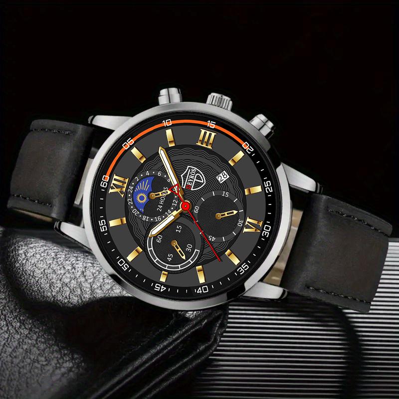Fashion Men's Casual Calendar Quartz Watch, Sports Analog PU Leather Wrist Watch with Box, Men's Gifts