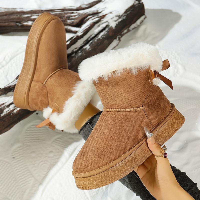 Fashion Winter Cozy Faux Wool Snow Boots for Women Thick Sole Fur Cotton Padded Shoes Woman Bowknot Decor Plush Platform Ankle Booties