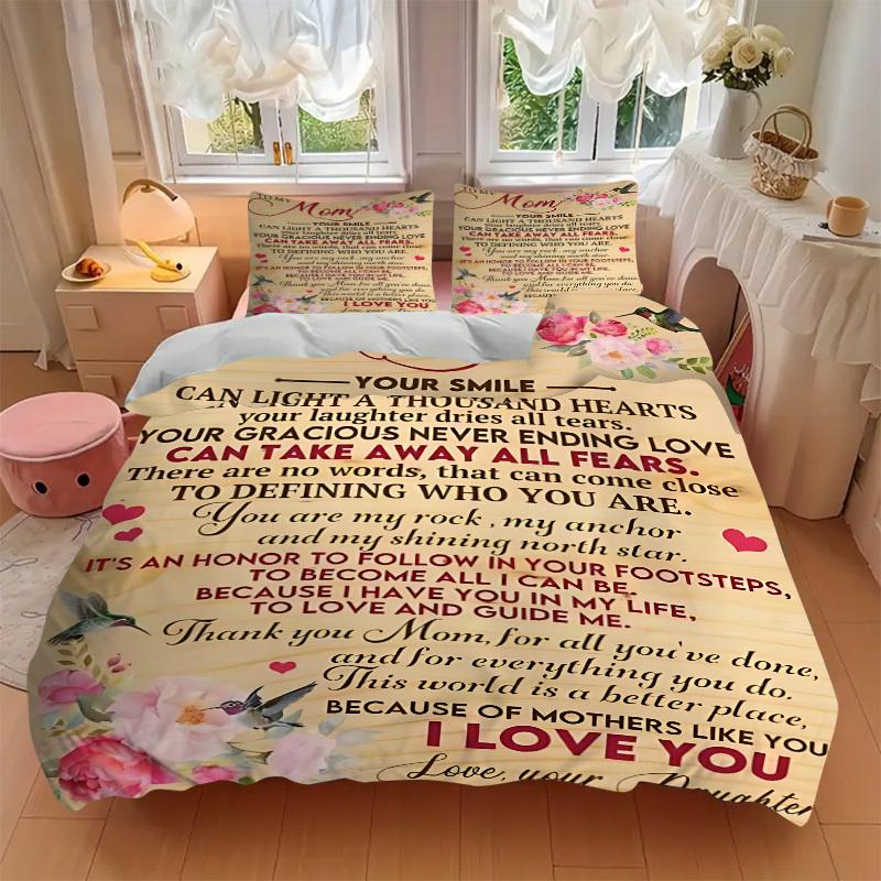 3PCs Mom Appreciation Quote Design Cover Set, Breathable Fabric, Machine Washable (1 Duvet Cover + 2 Pillowcases) (Without Quilt) yy250911111