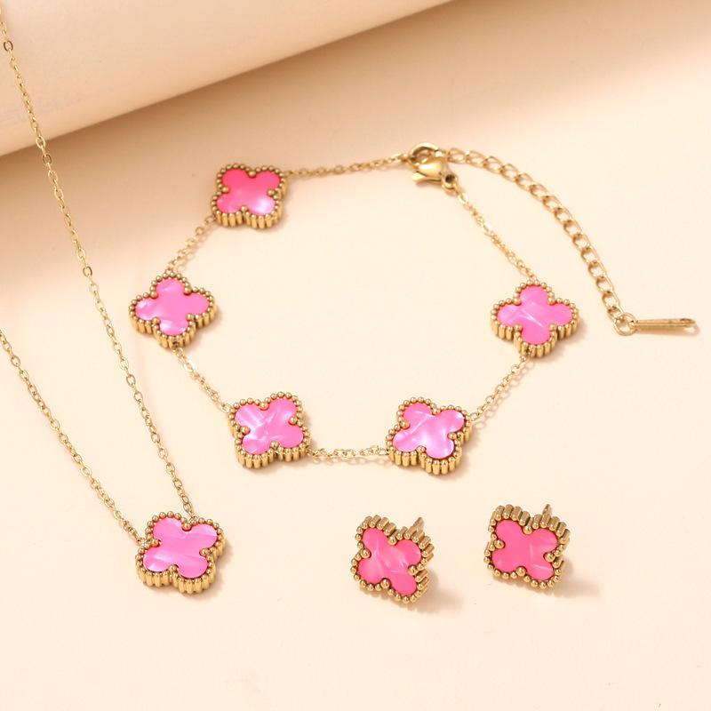 3PCS Double-sided Clover Jewelry Necklace Bracelet Earring Set