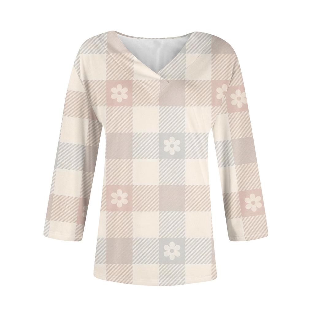 Женские рубашки с рукавом 3/4, топы с принтом и V-образным вырезом, повседневные топы, базовые футболки, блузки, свободные топы