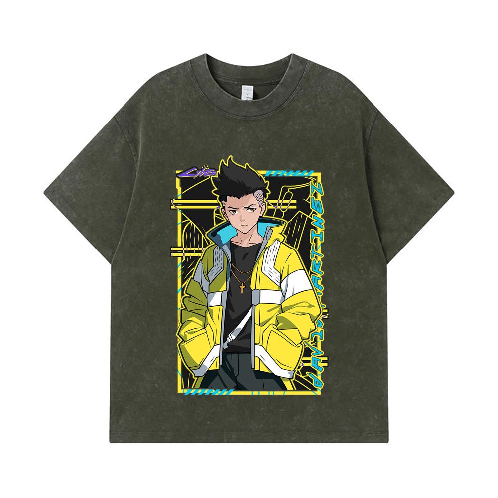 275 GSM Washed T-shirts 100% Cotton Cyberpunk Edgerunners V7 David Print Unisex Heavy Cotton T Shirt