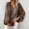 New European and American V-neck Leopard Print Casual Long-sleeved Top for Women