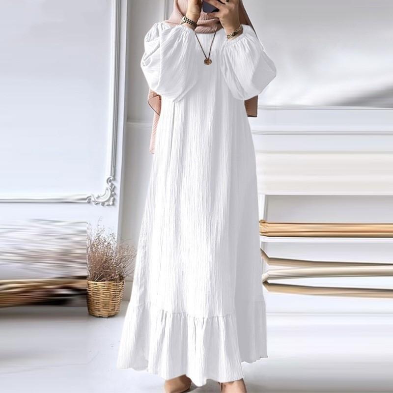 Spring and Autumn Women's Fashion Long Sleeve Vintage Solid Colour Ruffle Hem Long Dresses