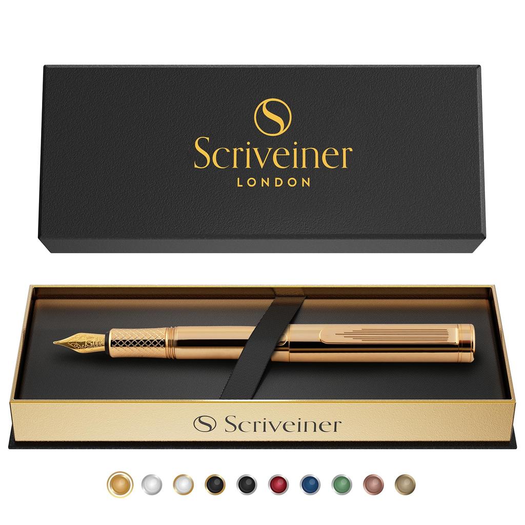 Scriveiner Gold Plated Fountain Pen Award Winning Luxury Heavy Duty Pocket Pen with 24K Gold Schmidt Converter Best EDC Writing Pen Gift Set for Men