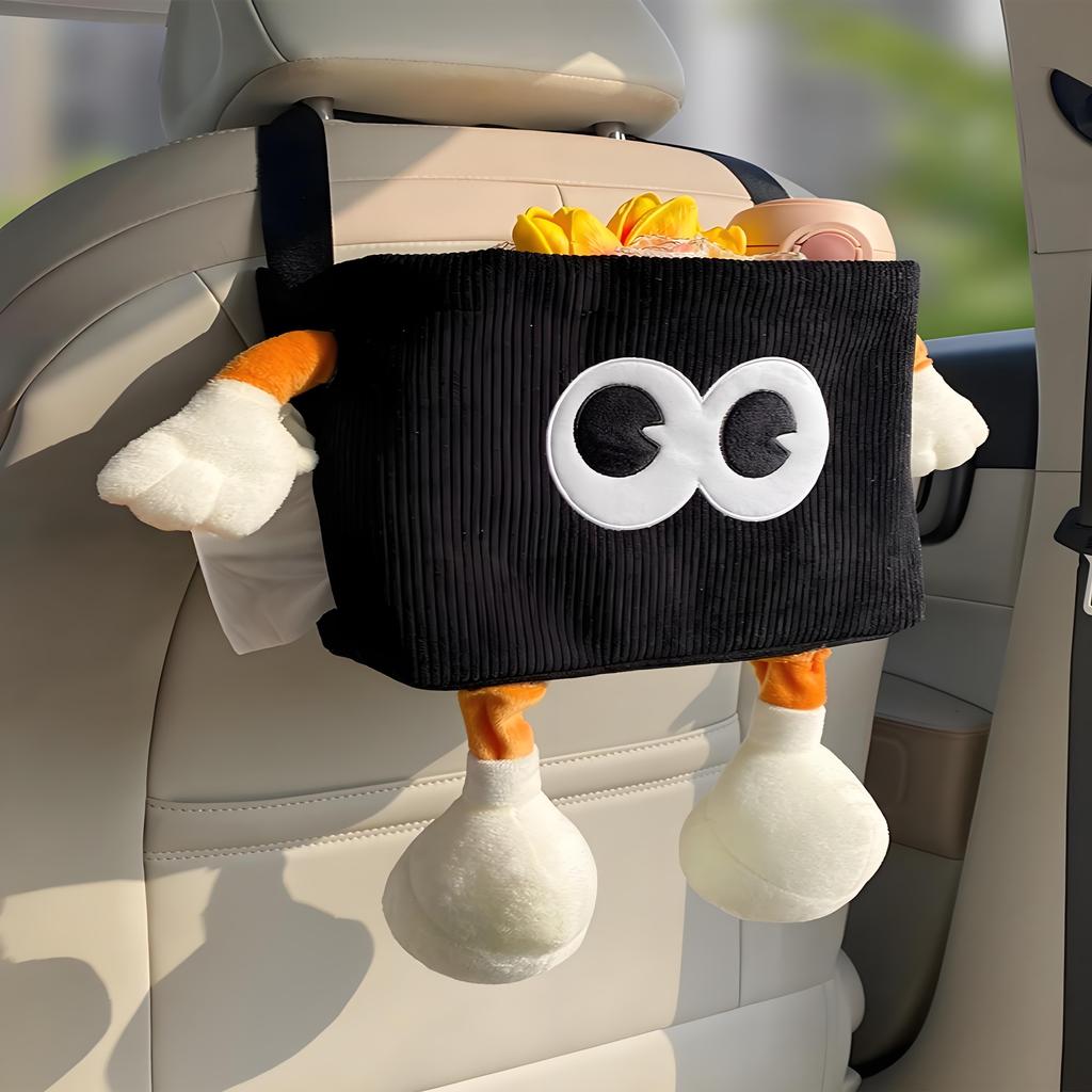 Cute Animal Car Trash Can, 2-Function Hanging Organizer with Tissue Dispenser - Plush Seat Back Storage Bag