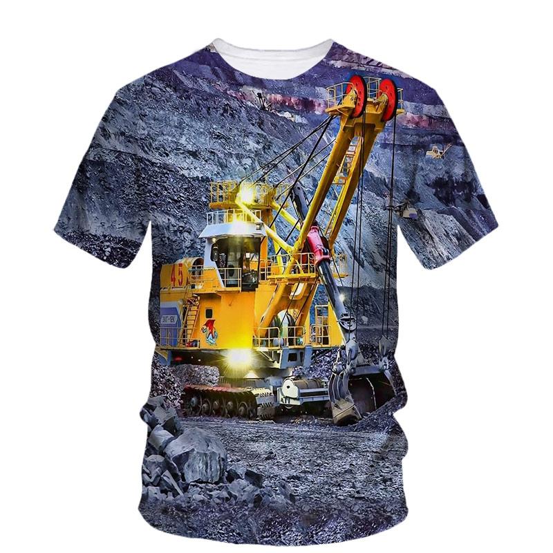3D All Over Print Short Sleeve T-Shirt, Engineering Loader Lumber Scene Graphic Round Neck Casual Lightweight Top