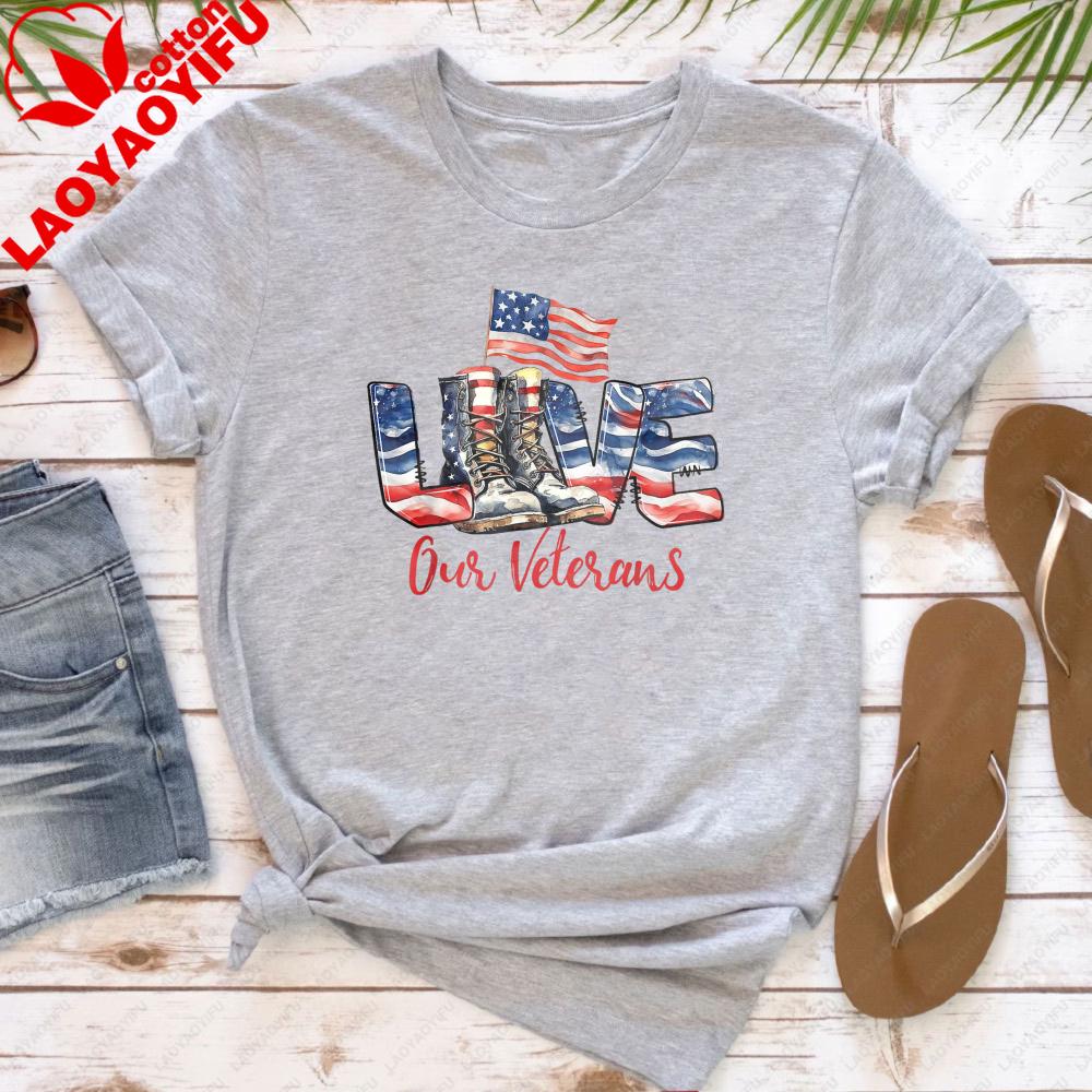 Love Our Veterans Shirt Womens Veterans Shirt Military Tops for Women Army Wife Printed Tees High Quality Cotton T Shirt