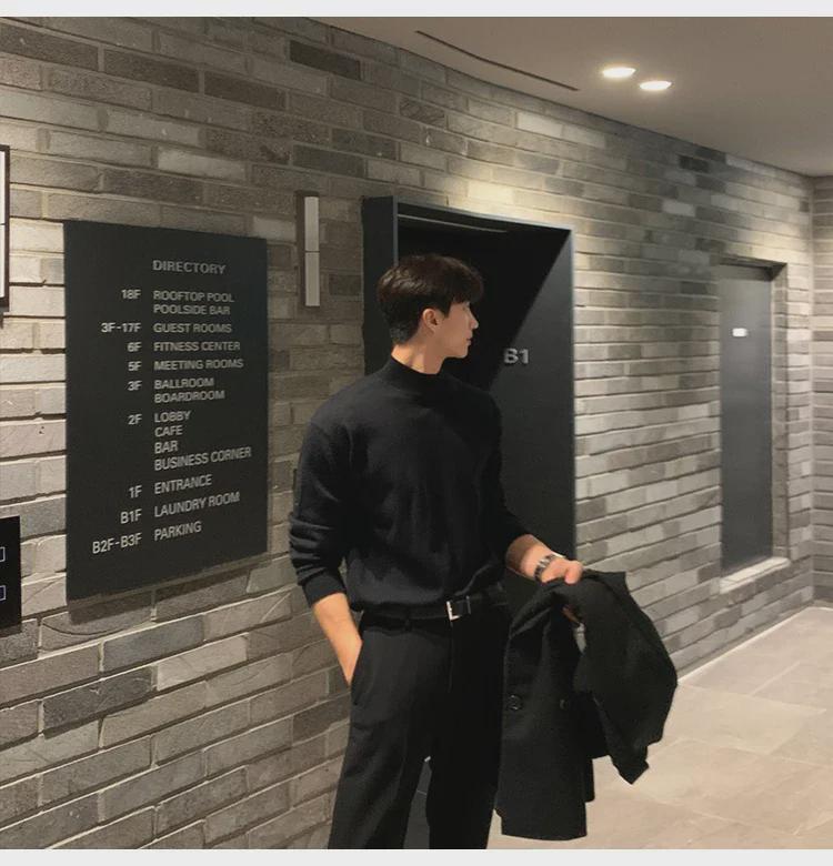 Men's Loose Fit Half Turtleneck Sweater: Korean Style, Solid Color, Knit, Long Sleeve, Autumn/Winter Top.