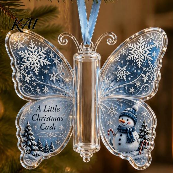 Transparent Acrylic Christmas Pendant Money Holder Ornament, Cash Hanging Decor with Vintage Reusable Ornament Butterfly Print, Holiday Party