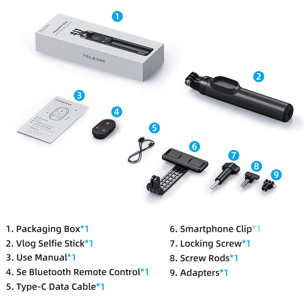 TELESIN 60CM Wireless Bluetooth Remote Control Vlog Selfie Stick Tripod Mount Black for GoPro 13 12 11 10 9 8 Camera Smart Phone