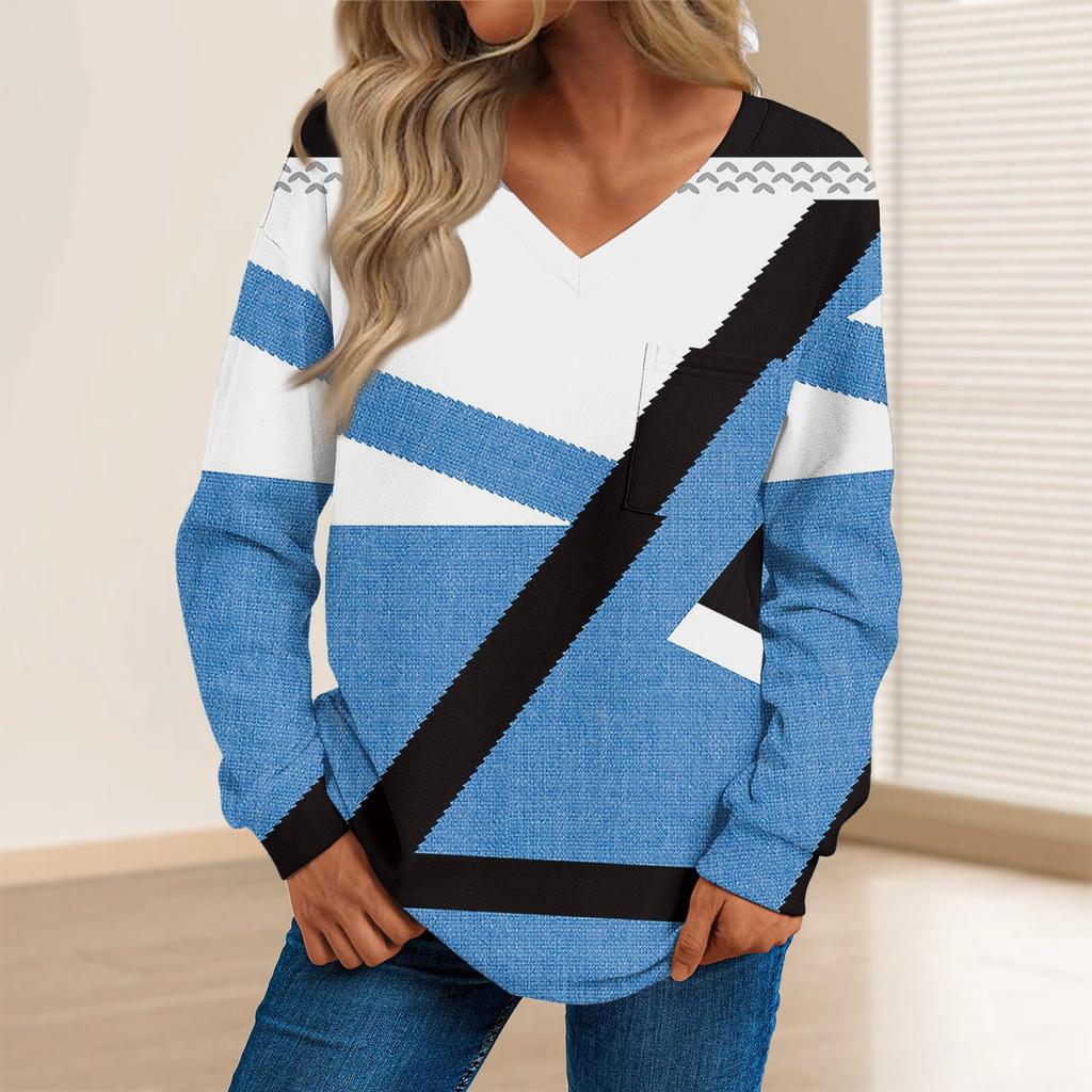 Женская мода повседневный свитер с длинным рукавом и принтом V-образным вырезом