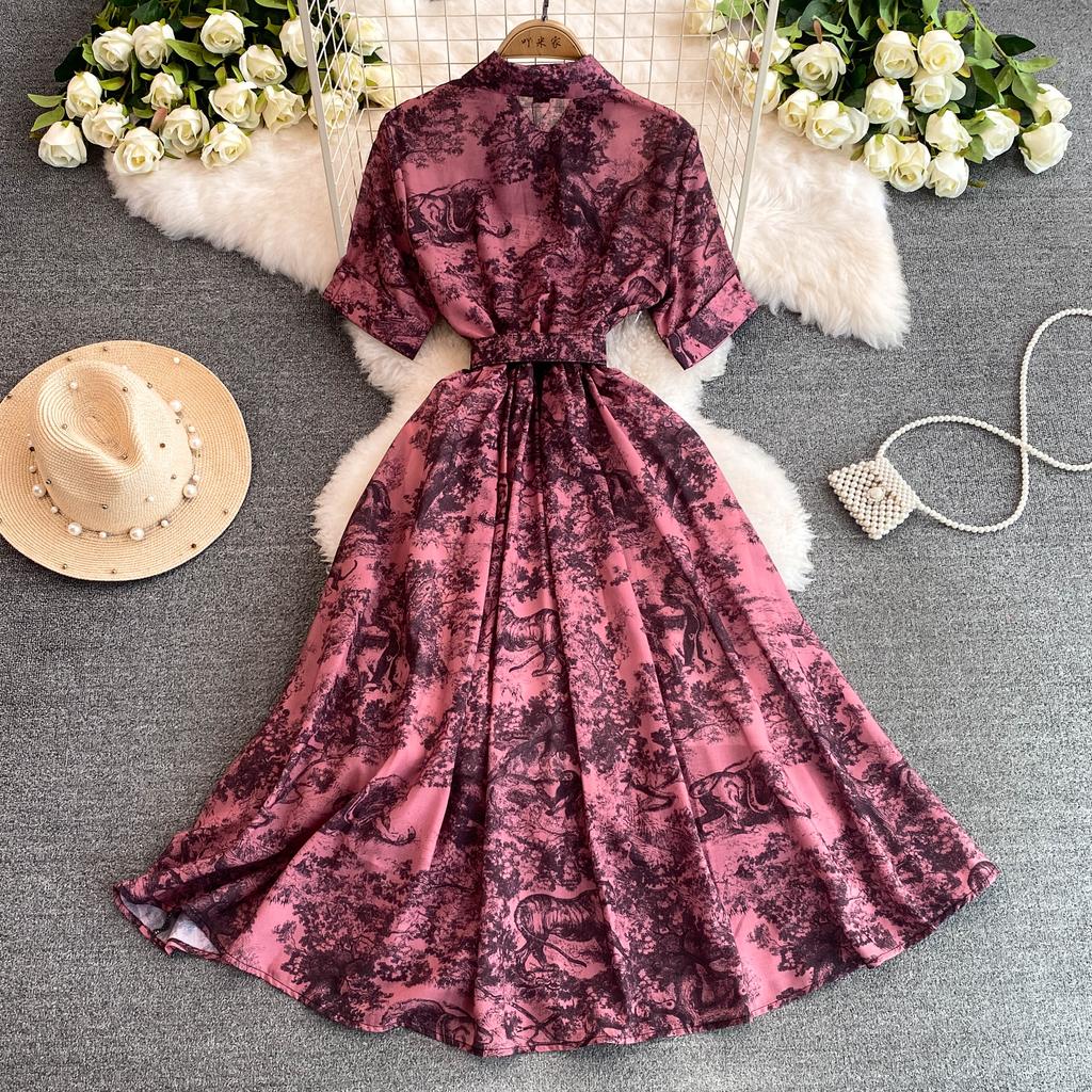 Винтажное платье с принтом, женское платье-рубашка трапециевидной формы с короткими рукавами и лацканами, женские элегантные летние длинные халаты трапециевидной формы, Vestidos