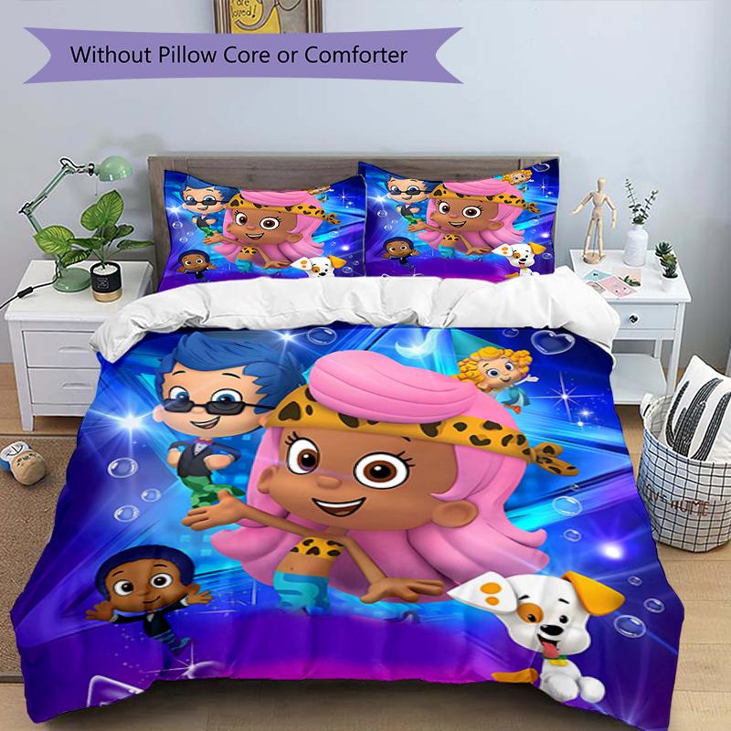 3pcs Bubble guppies Design Cover Set - HD Printed Bedding with 1 Cover and 2 Pillowcases - Perfect for Home and Dorm Decor