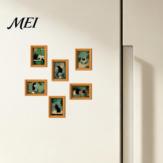 Flexible Magnetic Picture Frames for Fridge Funny Wooden Magnets Frame, Retro Cute Cat in Bathroom Soft Photo Display Set Refrigerator Locker