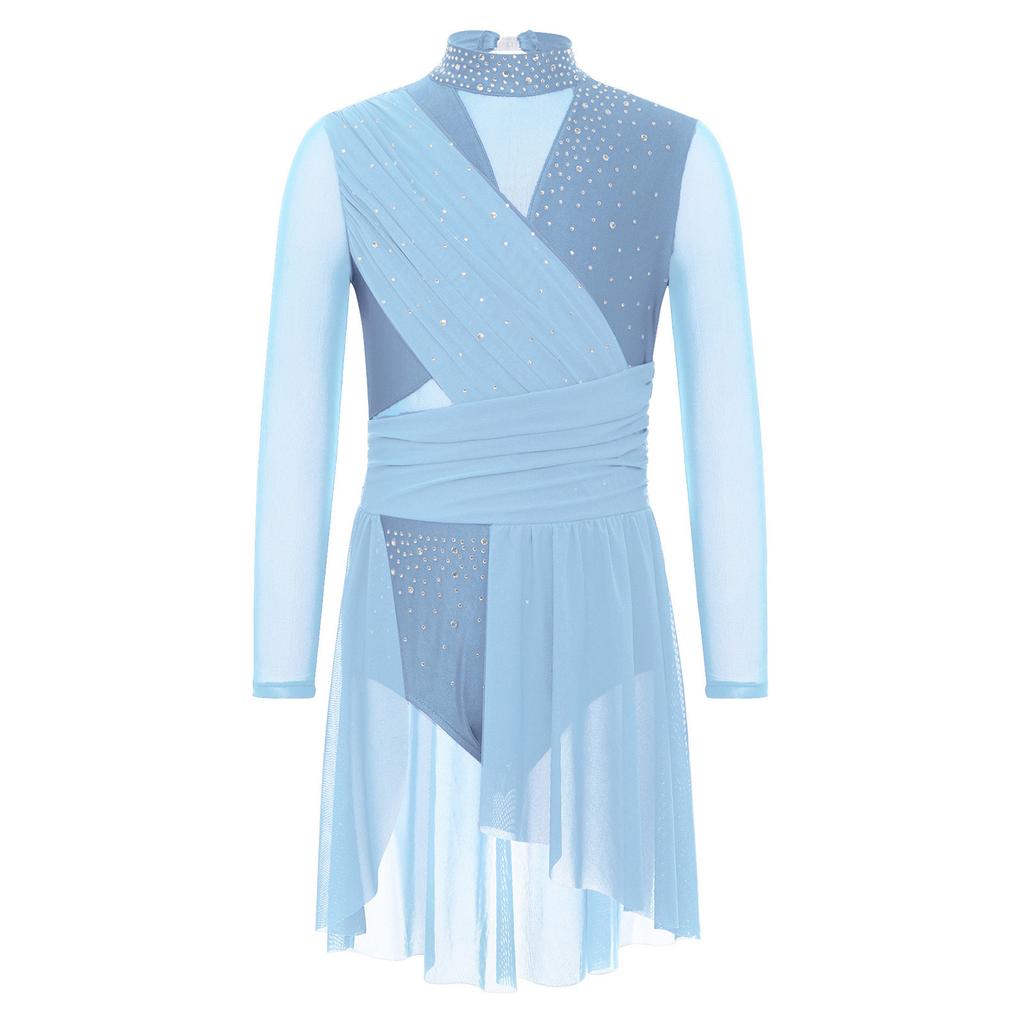 Girls Rhinestones Lyrical Dress Long Sleeve Mock Neck Cutout Back Side Split Sheer Mesh Ruched Costume