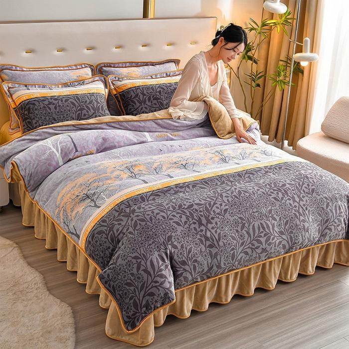 Light luxury high-end thickened milk fleece four-piece set, winter warm quilt cover, double-sided coral fleece anti-static three-piece set