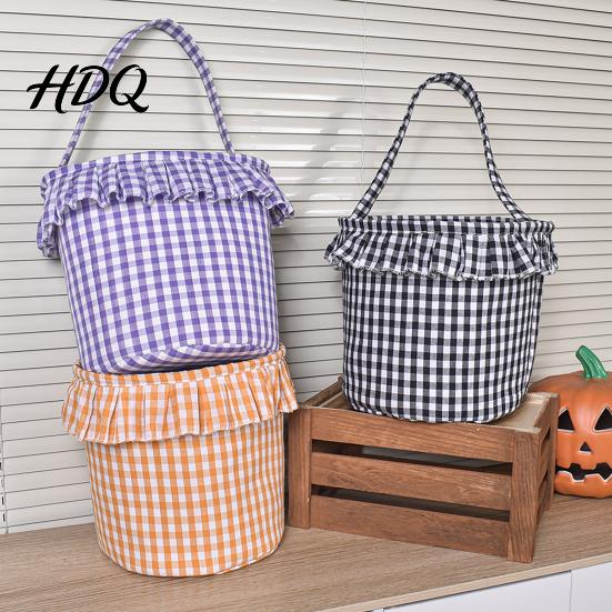 Versatile Household Storage Halloween Basket Plaid Ruffle Trick or Treat Candy Bucket with Handle Celebration