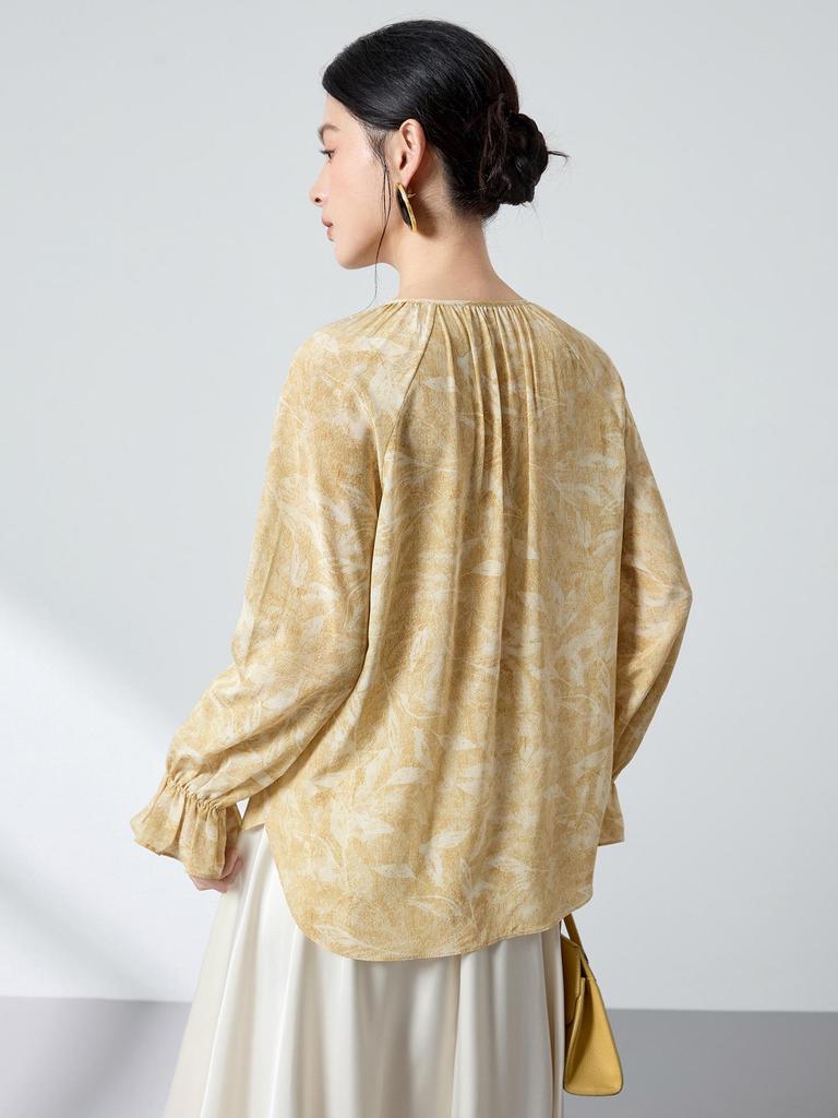 100% Mulberry Silk High-End Shirt, Spring Lantern Sleeves, Double Georgette Tie-Up Print, Women's Top