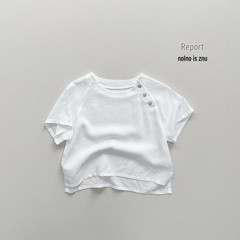 Детская летняя хлопково-льняная блузка 2025 года - футболка с коротким рукавом в корейском и японском стиле для мальчиков и девочек