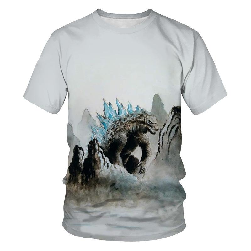 Summer Round Neck 3D Godzilla Pattern Printed Top Fashionable Casual Short Sleeved Children's Boy T-shirts