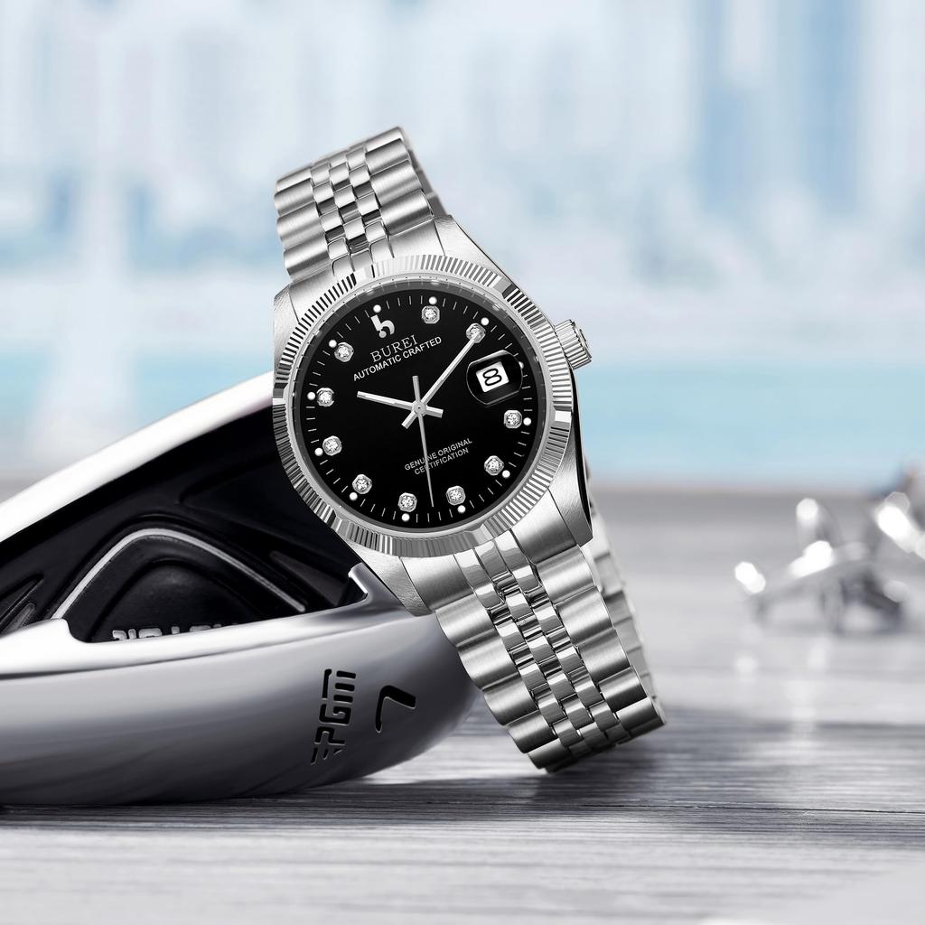 Автоматические механические популярные серебристо-черные часы [BUREI] Мужские часы, водонепроницаемые, аналоговые, дата, часы, мужской бренд, стильные, часы, простые, повседневные,