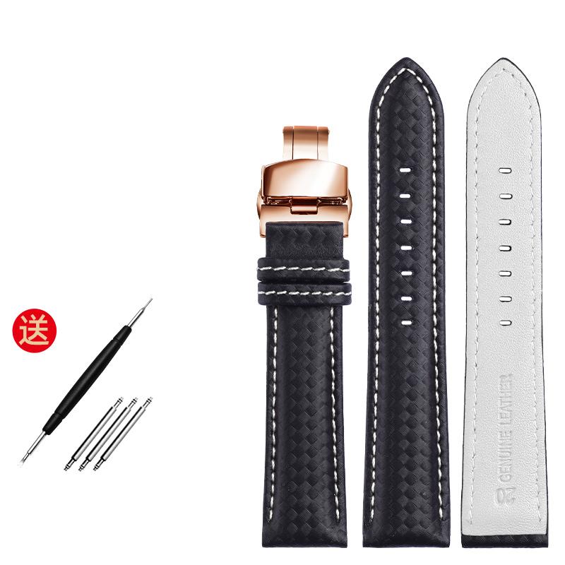 Genuine Leather Bracelet Carbon Fiber Grain Watchband Red Stitching 18mm 20mm 22mm Watch Band Strap Accessories Butterfly Buckle