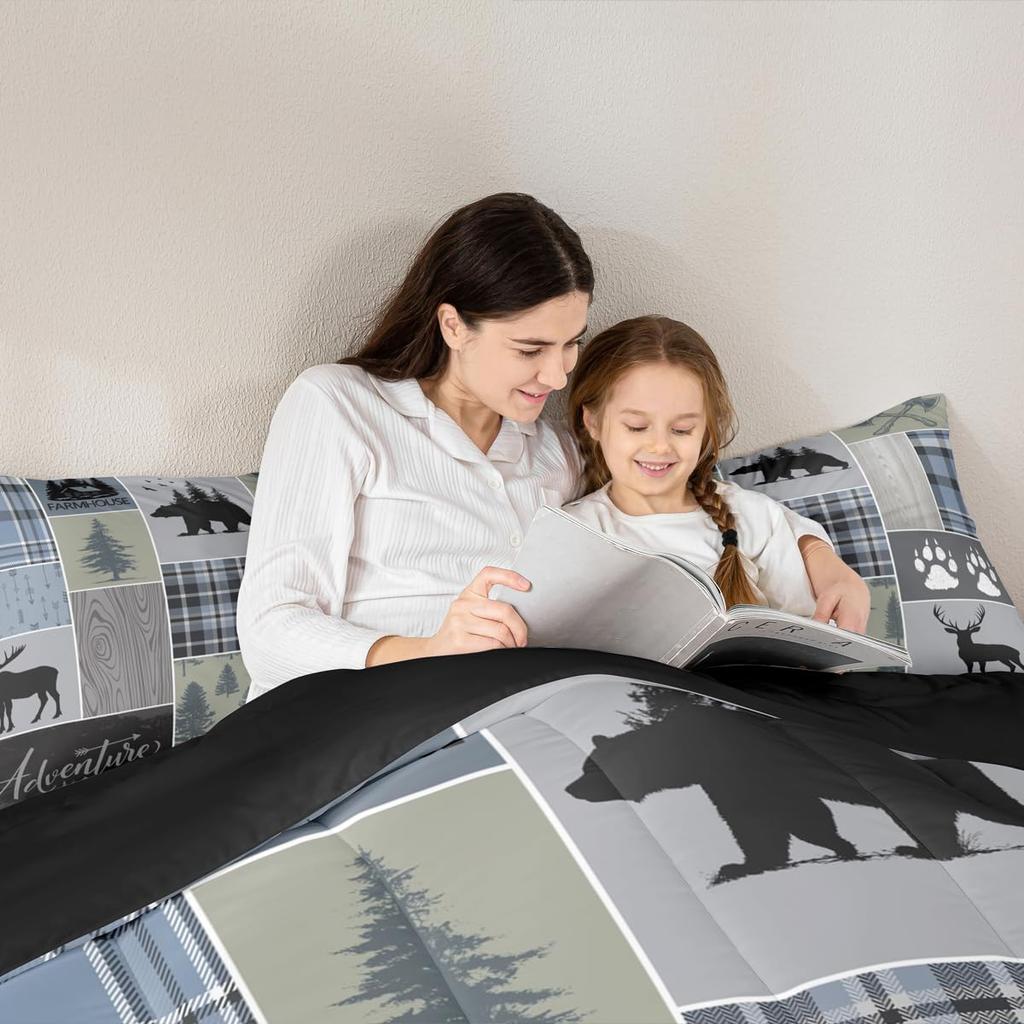 Rustic Patchwork Comforter Set, Checkered Buffalo Plaid Bedding Set For Kids Teens Adult, Woodland Wildlife Bear Moose Elk Pine Trees Patter