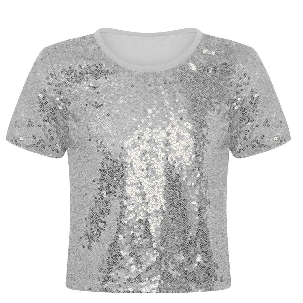 Girls Sparkling Sequin Crop Top Round Neck and Short Sleeves for Hip Hop Dance Costume