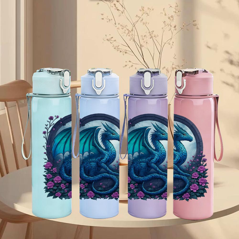 1PC Dark Blue Dragon Emblem 750ml Color Plastic Sports Water Bottle Leakproof Flip Straw Lid For Sports Office Home Use