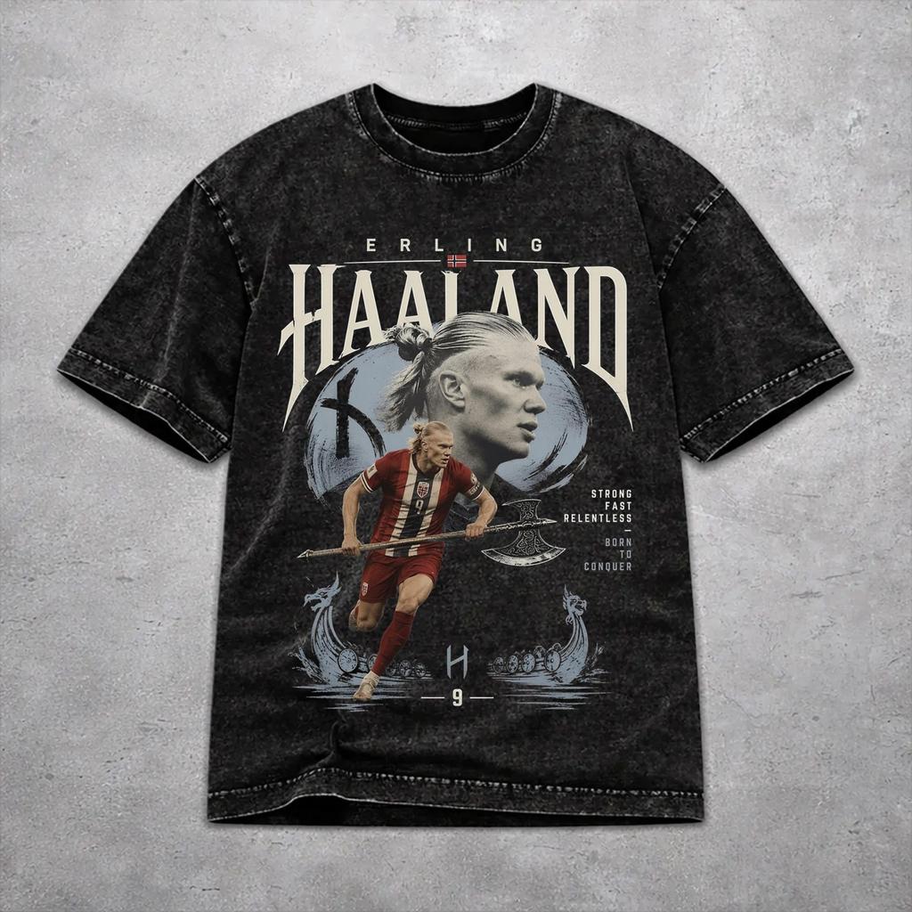 Retro Men Women Haaland Norway Football Tee Shirt Oversize Washed  T Shirts Tops